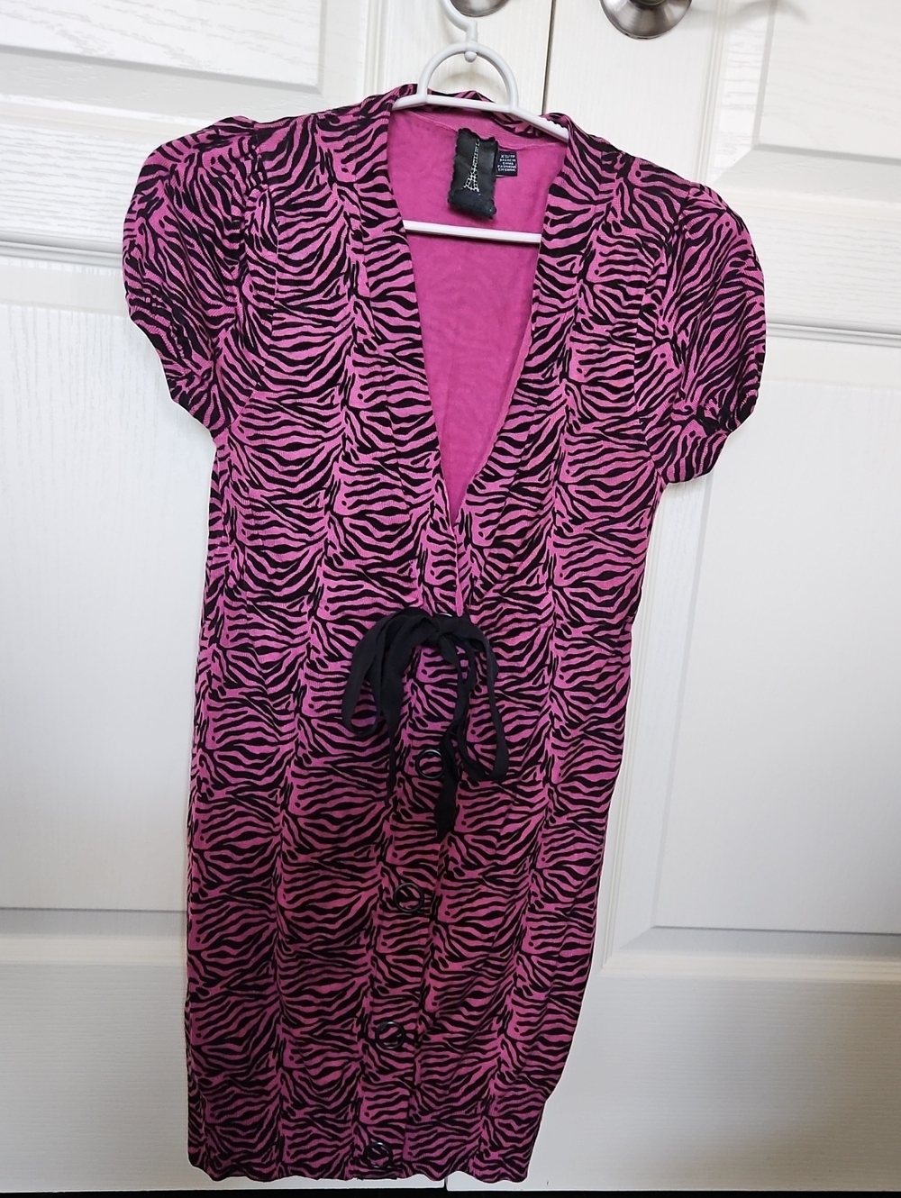 Vintage Forever 21 Pink and Black Zebra-Print Button Down Long Tunic with A Tie